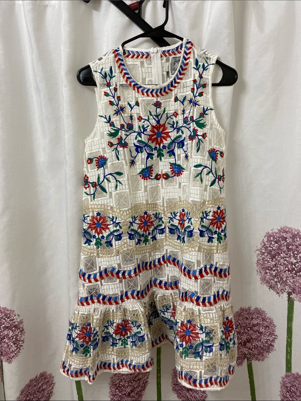 White Sleeveless Embroidered Sheer 100% Silk Dress with Multicolor Floral Detail
